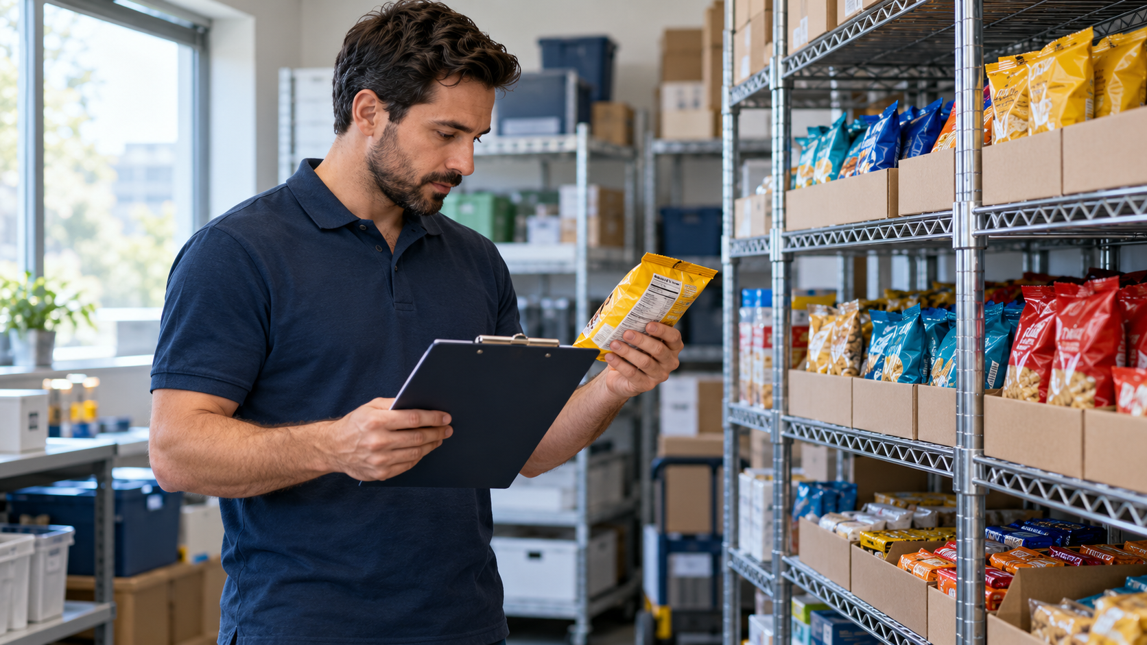 Illustration of a vending operator checking snack package dates against an inventory record.
