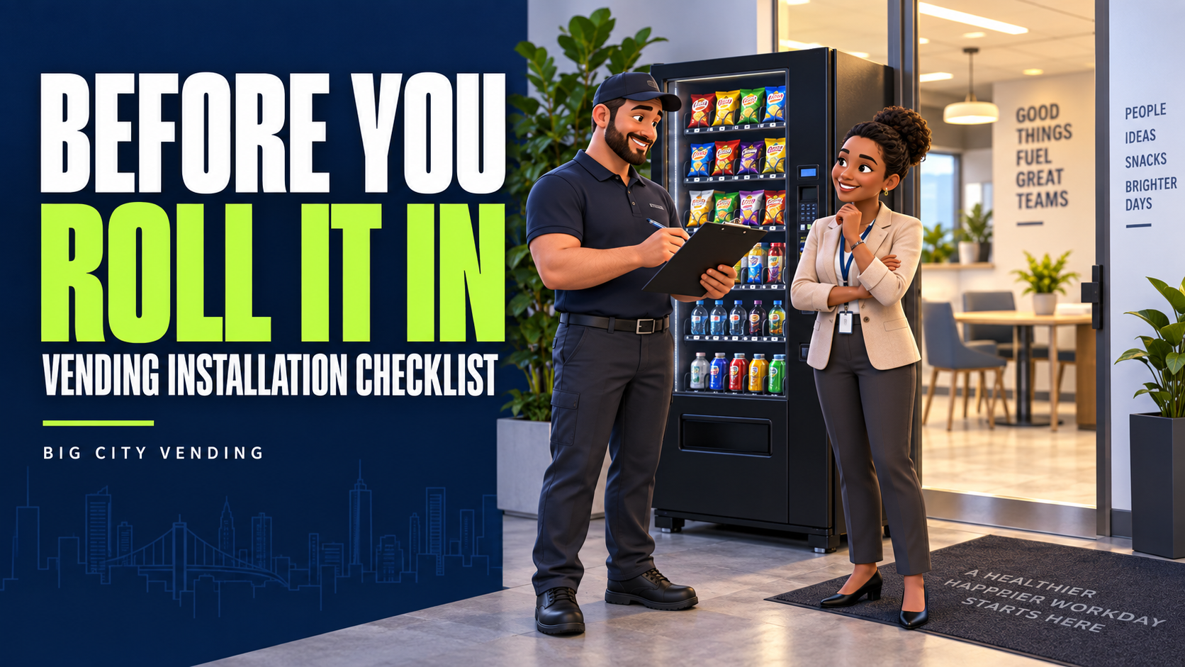 Before You Roll It In: vending installation checklist, with an operator and manager planning a machine placement.