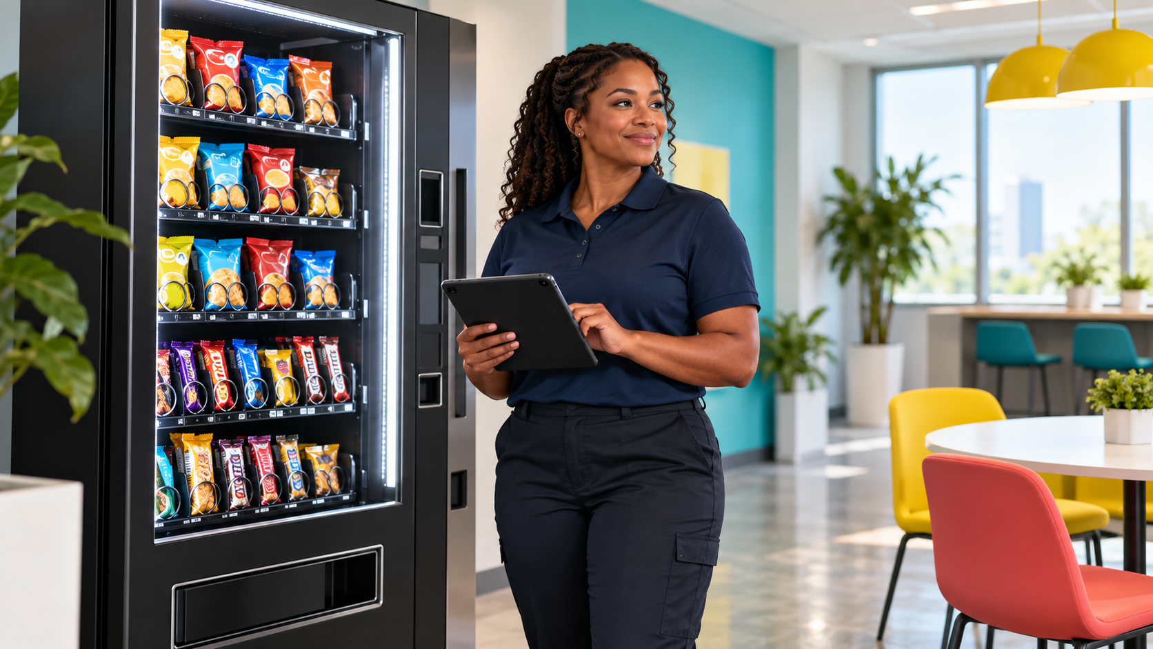 Illustration of a vending operator reviewing a newly installed machine during its first month.