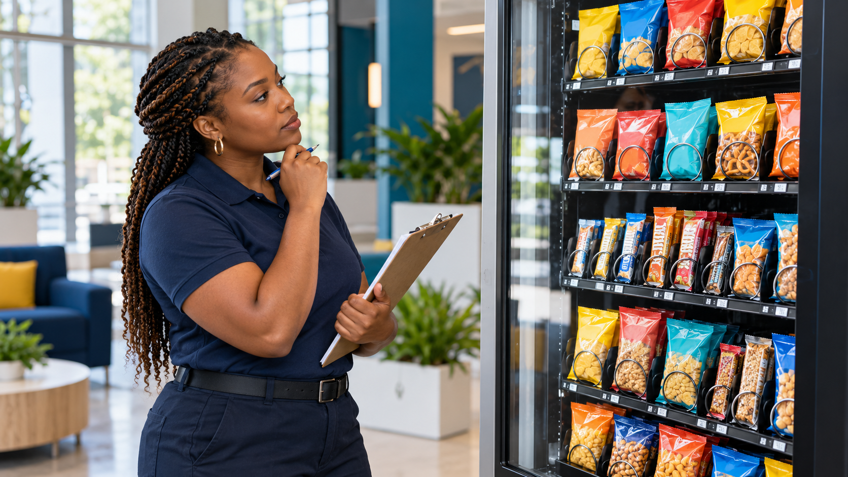 Illustration of a vending operator studying snack selections while planning a clearer machine layout.