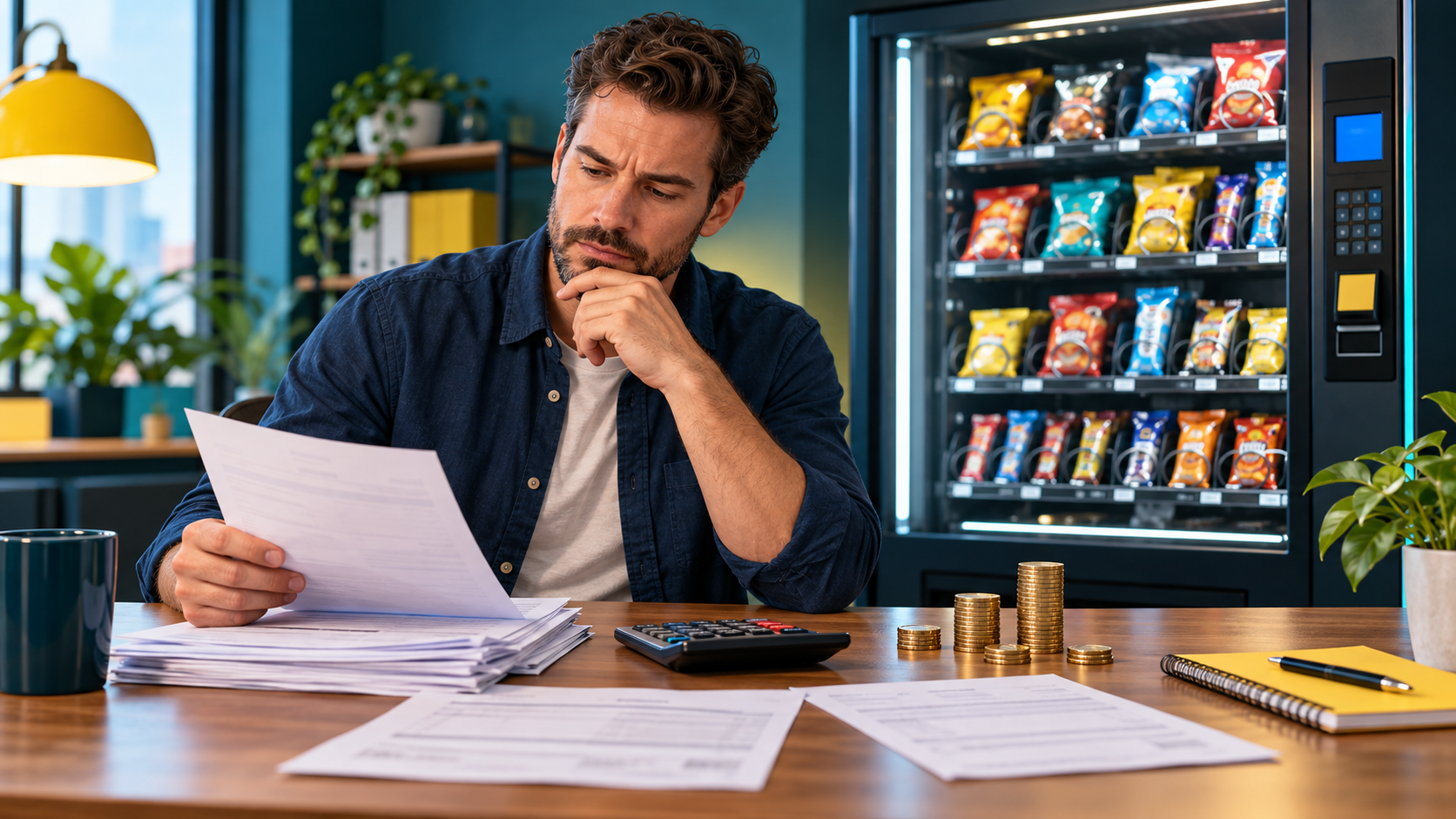 Vending operator reviewing sales and expenses to understand machine profit.