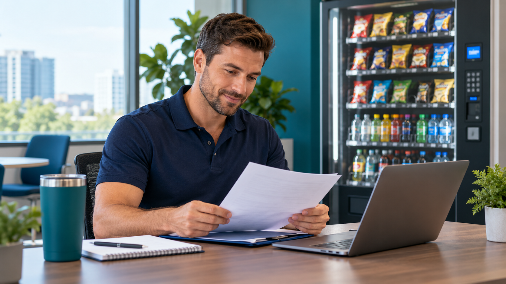 Vending operator reviewing a proposal before following up with a prospect