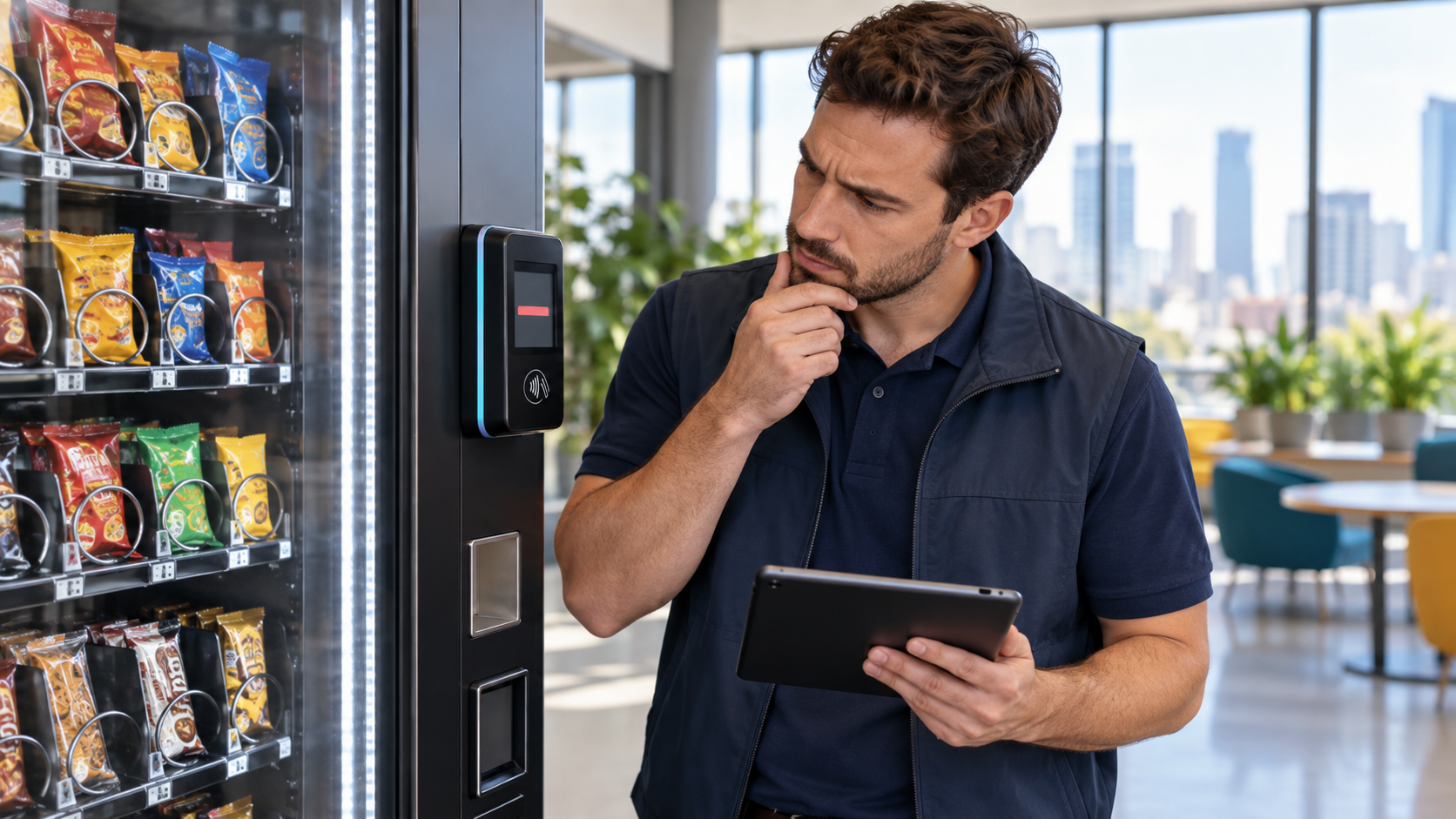 Vending operator inspecting a card reader beside a stocked snack machine