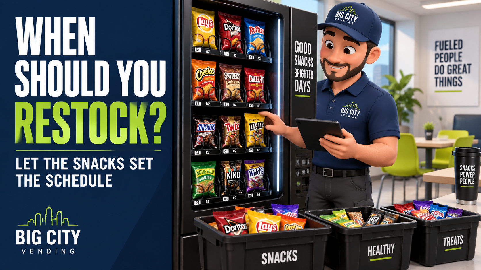 Illustration of a vending operator checking inventory to plan when to restock a vending machine.