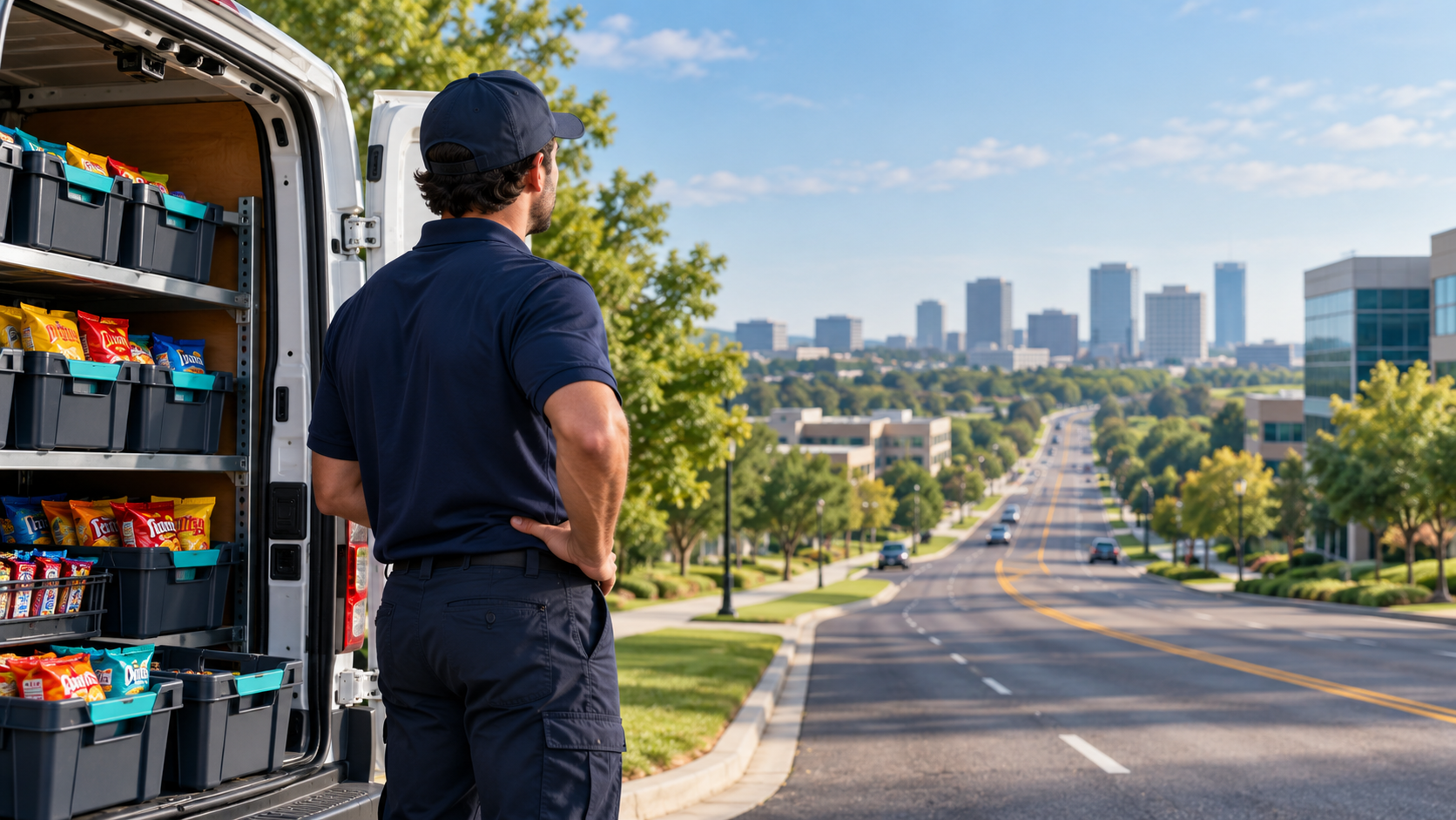 Illustration of a vending operator beside a stocked delivery van considering the distance to a route stop.
