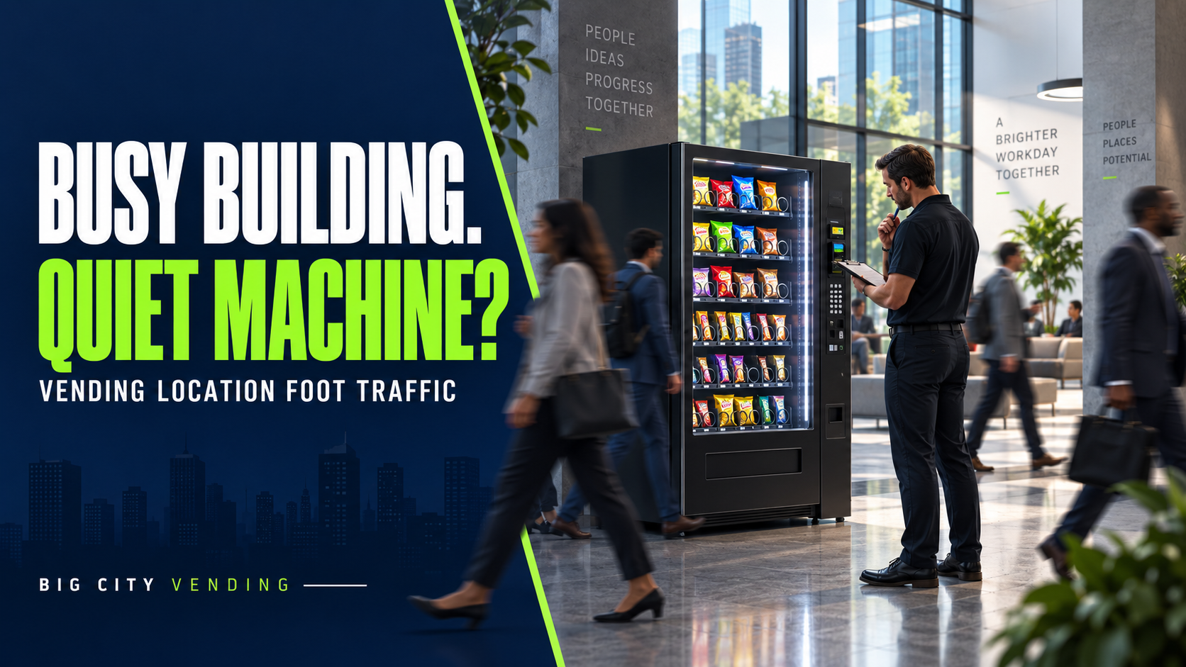 Busy Building, Quiet Machine? An operator evaluates a vending machine as people pass through an office lobby.